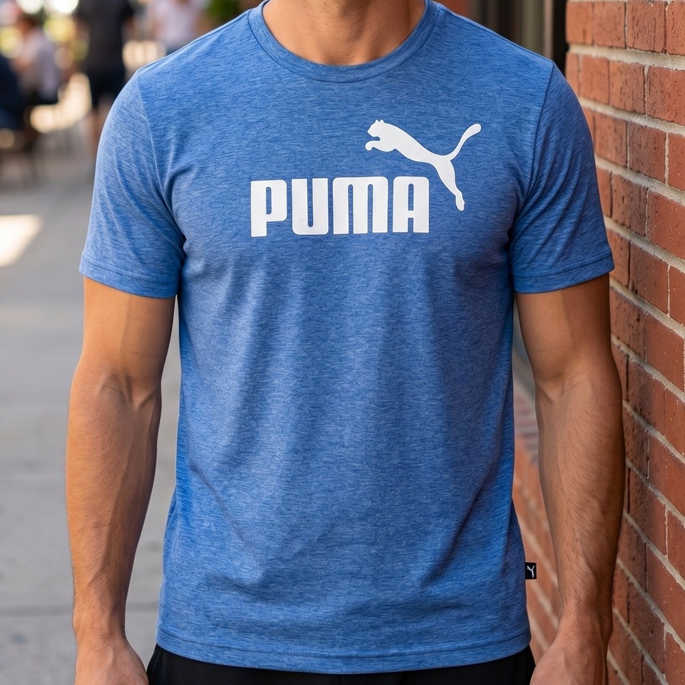 Puma Mens Essentials Heather Blue Graphic Big‎ Logo Short Sleeve T-Shirt